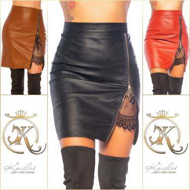 Leather Look Skirt with a Slit Brown